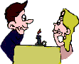 Cartoon man and worman staring at each other across a table