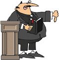 This illustration depicts a preacher giving a sermon behind a pulpit while holding a bible and giving the thumbs-down sign.
