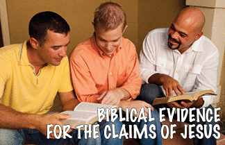 The title of this month's lead article is BIBLICAL EVIDENCE FOR THE CLAIMS OF JESUS. A multicultural small group of men in a Bible study.