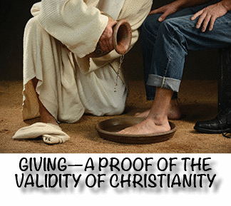 The title of this article is Giving--A Proof of the Validity of Christianity with the picture of Jesus washing the feet of a modern man wearing jeans.