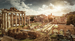 Panoramic view of the Roman Forum in Rome, Italy.