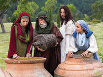 Biblical scene of the miracle of transformation of water into wine