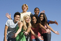 A group of six friends having fun outside.