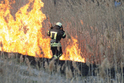 A firefighter battles a wildfire.