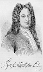 Gottfried Leibniz old engraved portrait and signature.