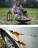 Young blond woman in a wool sweater and a Metal corrosion (rust) of white dirty old car 