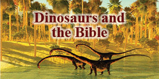 The title of this article is 'Dinosaurs and the Bible,' with Barosaurus dinosaurs come down to a jungle river to wade and drink during the Jurassic Period of North America.