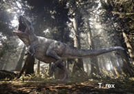 A tyrannosaurus rex in a woodland.