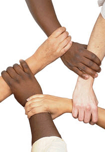 Multiracial hands holding each other in unity.