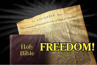 The title of this article is FREEDOM with a picture showing the Bible and the Declaration of Independence.