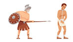 An ancient Roman gladiator with sword and a slave.