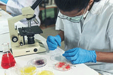Female scientist conducts research in science laboratory..