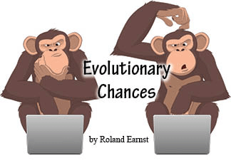 The title of this article is EVOLUTIONARY CHANCES with a picture of two monkies at two computers.