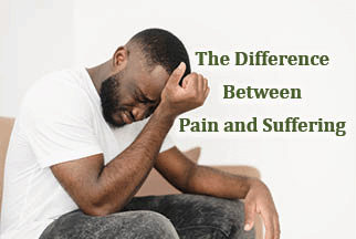 The title of this article is THE DIFFERENCE BETWEEN PAIN AND SUFFERING with a picture of a stressed bearded African-American man suffering from head.