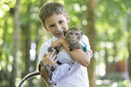 A happy boy holds a monkey in his hands.