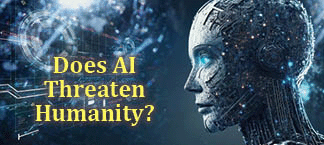 The title of this article is DOES AI THREATEN HUMANITY? with an AI generated head.
