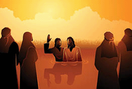 Jesus baptised by John the Baptist while a crowd of people watching.