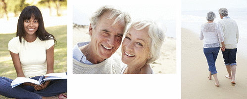 Left: a female college student sitting in a park reading a textbook. Center and right: An senior couple walking along a beach together.