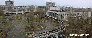 a panoramic picture of a cenral square in Pripyat, Chernobyl zone