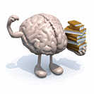 Human brain with arms legs and many books on hand