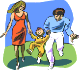 Couple and child running  in the grass