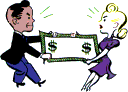 Man and woman doing a tug of war with money