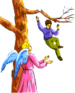 Angel catching a child falling from a tree