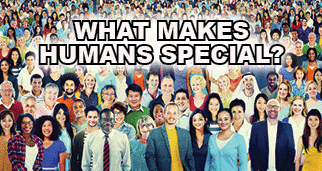 The title of this month's lead article is WHAT MAKES HUMANS SPECIAL. The picture is of a large racially diverse group of people.